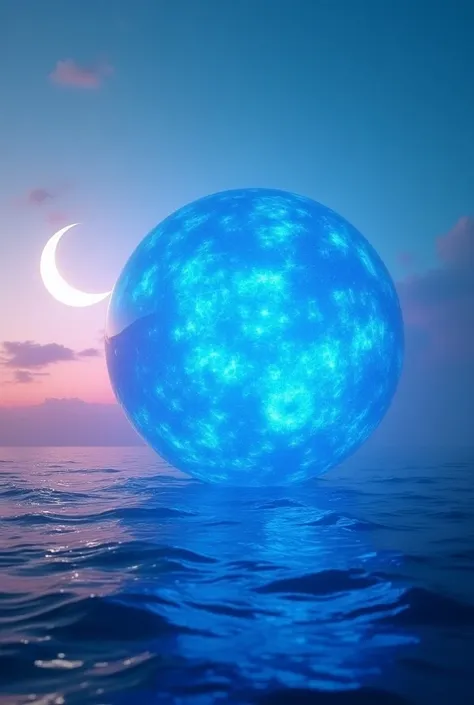 A mysterious big blue ball glowing within, emitting different shades of blue, like a sapphire stone, floating in the air over the sea and positioned visually near rising moon in the evening, gorgeous landscape with pink and sea green sky