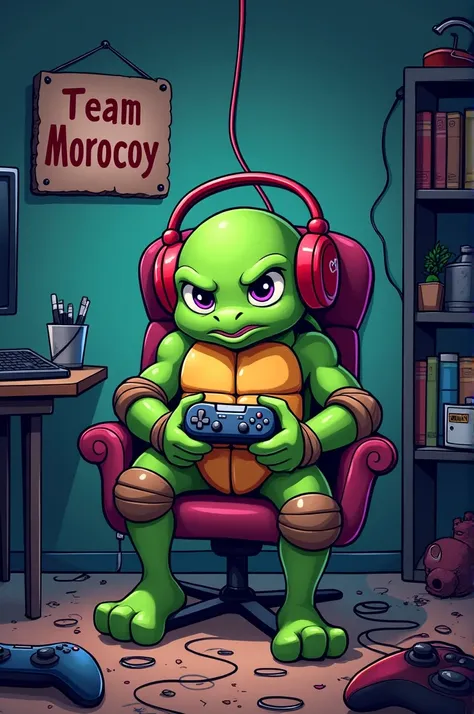 Turtle players write Cartoon of Evil  .  With a video game controller and headphones sitting in a chair, That the turtle can play and that you have letters that say Team Morrocoy