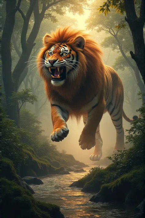 Begin with a scene in a dense jungle at dusk. A majestic tiger prowls silently through the underbrush, its powerful muscles rippling beneath its striped coat. Meanwhile, on the other side of a river, a mighty lion stands atop a rocky outcrop, its mane glow...