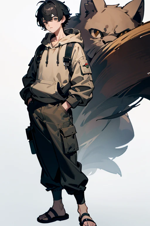 Black fluffy hair boy wearing brown hoodie, black cargo pants and sandals