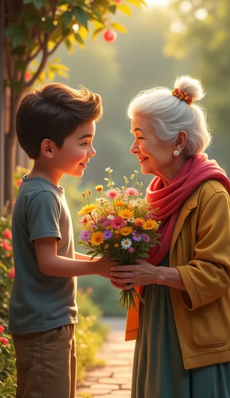 The neighbor boy, about , with a bright smile, holding a bouquet of wildflowers in his hand, stood next to the old lady. The two looked at each other, creating an intimate and warm scene.