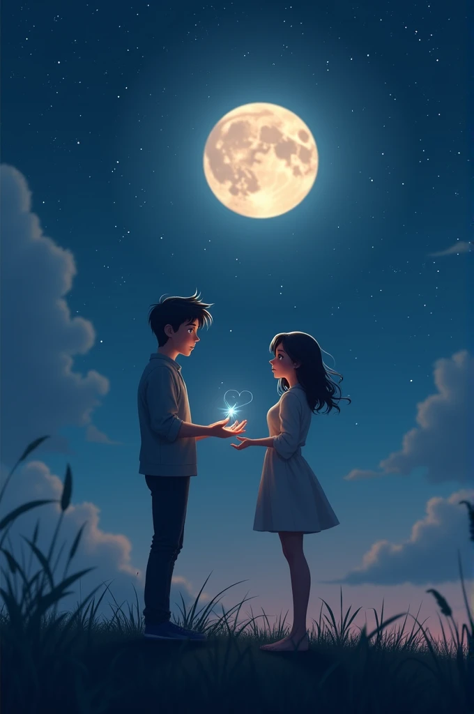 A moonlit night. A boy and a girl are standing on a peaceful, starry hilltop. The soft glow of the moon highlights the moment as the boy holds a small box in his hand.

Script:

The boy opens the box, revealing a sparkling diamond ring. He looks at the gir...