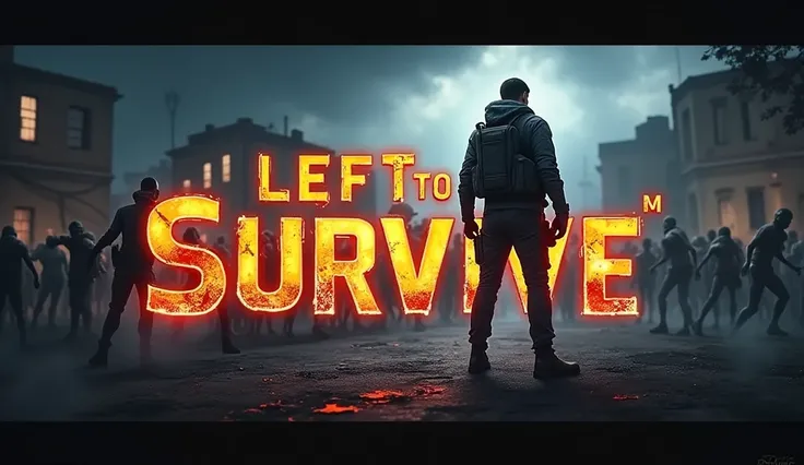 Create a thrilling and action-packed thumbnail for a game called Left to Survive. The background should show a post-apocalyptic city with ruined buildings and a dark, stormy sky. In the foreground, a survivor wearing tactical gear, holding a weapon, and lo...