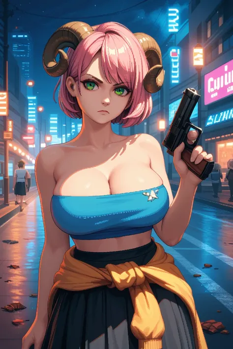 1girl, pixel-art style, 16-bit pixel art, serious, :o, blue tube top, tube top, cleavage, white shirt around waist, black skirt, holding pistol, beautiful green eyes, pink hair, short hair, swept bangs, large breasts, voluptuous, sheep horns, raccoon city,...