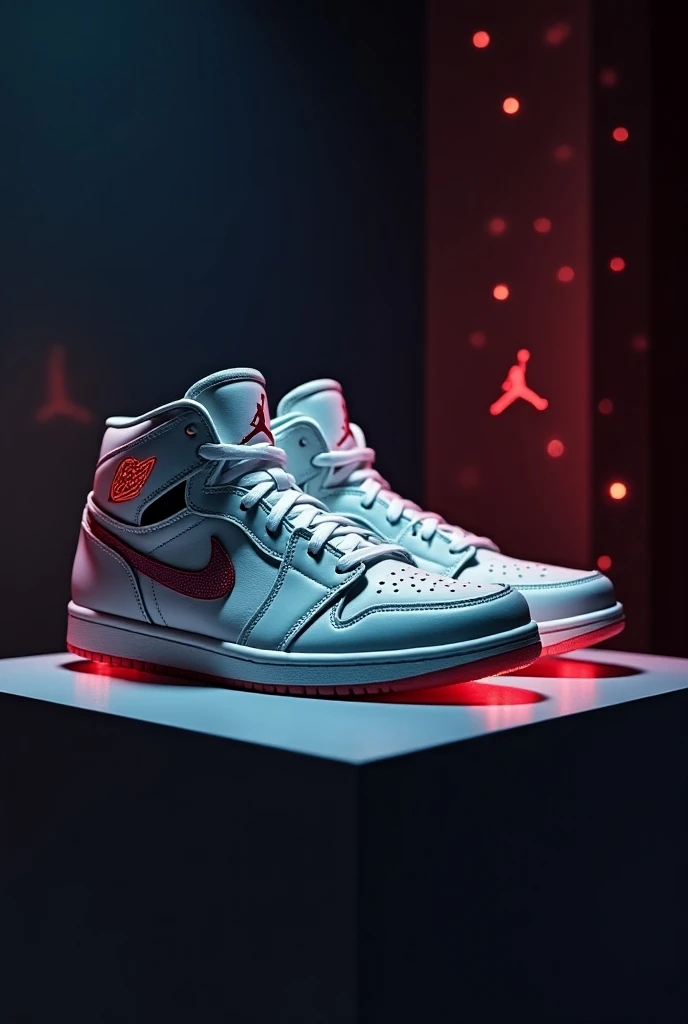 A pair of Air Jordan sneakers displayed on a pedestal, with glowing lights accentuating their design.