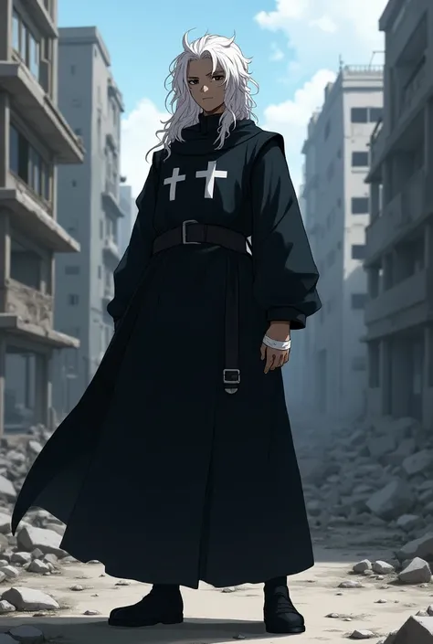 ((8K:1.2)), (Anime style), ((Artwork:1.2)), 1 dark-skinned man, long curly white hair shaved on one side, more oriental eyes, black pupil color, wears black priests clothes with two white cross symbols on each breastplate, wears two black boots, wears a wh...