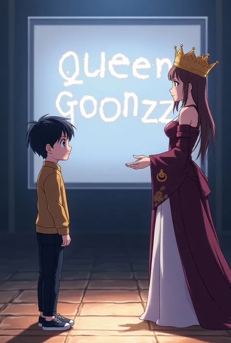 A anime boy respecting a anime queen,queen is standing , behind there is a big screen written QUEEN Goonzz