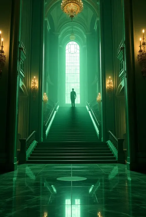 ((Photorealism:1.3)) Emerald green stair way, light green aesthetic, statue’s bottom of stairway ,a lot of portrait,dark gold chandeliers, dark windows, dark marble floors