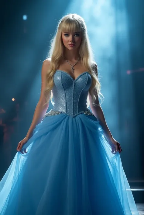 Disney Cinderella princess, straight long blonde hair with bangs. 
She has big blue eyes. She has huge breasts with an hourglass, curvy figure. Rosy cheeks and lips. 
Long flowy baby blue ethereal dress with silvery sparkles all over her dress. wearing a s...