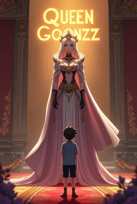 A anime boy respecting a anime queen,queen is standing , behind there is a big screen written QUEEN Goonzz,background is of palace 