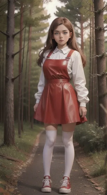   Cute young beautiful curvy schoolgirl Soviet pioneer,  beautiful cute teen face , red leather skater pinafore dress ,  transparent white blouse , brunette long hair,  beautiful eyes. stockings,  Sneakers, Soviet schoolgirl - standing in the woods ,   pho...