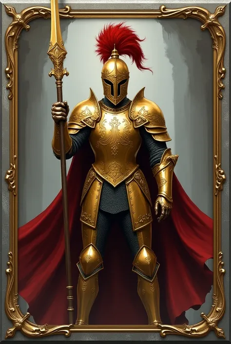 intricately detailed trading card with places for stats and name, silver magic the Gathering border with a knight in gold armor, helm and red plume holding a medieval spear 