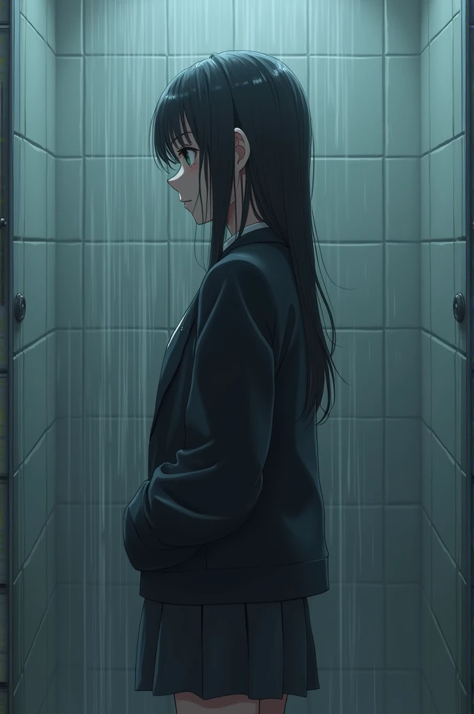 High school girl wearing a school uniform jacket in the bathroom shower