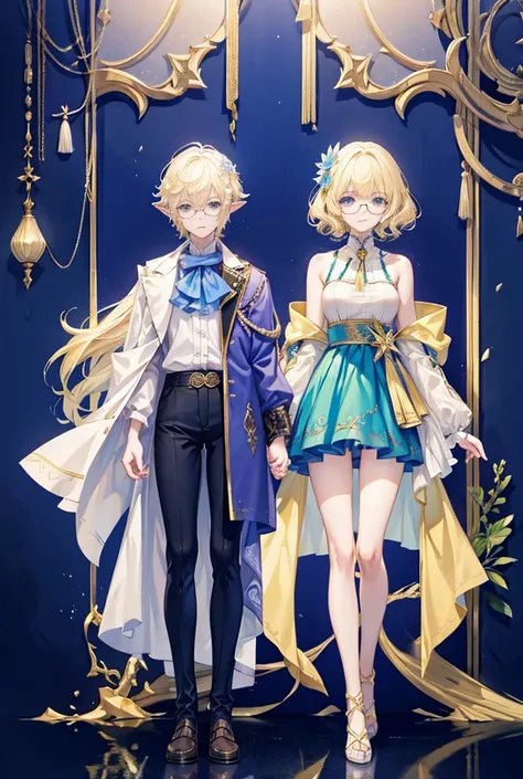 2.5D Masterpiece anime. Elf ears, traditional fantasy clothes, blue pants with gold embroidery, full body reference, short asymmetrical hair Blonde Hair, Asymmetrical Hair, Hair Strand, curly hair, elven clothing. Elven fantasy clothing, fancy ribbon shirt...