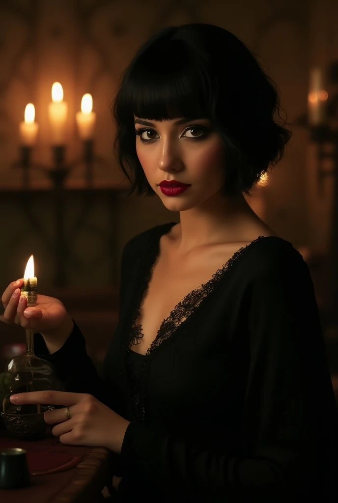 woman 30 years old, black victorian dress, brown eyes, black hair, short hair, bang, 1968s style, on the saloon, baile, looking at viwer, upper body, dark background, candles, witchcraft, dinamic poses, magic, potions, wearing red lipstik
