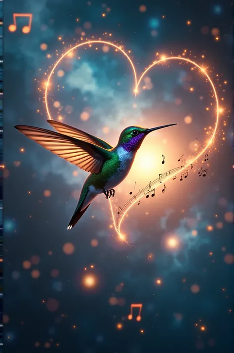 Hummingbird flying over the universe and some musical notes flying and heart