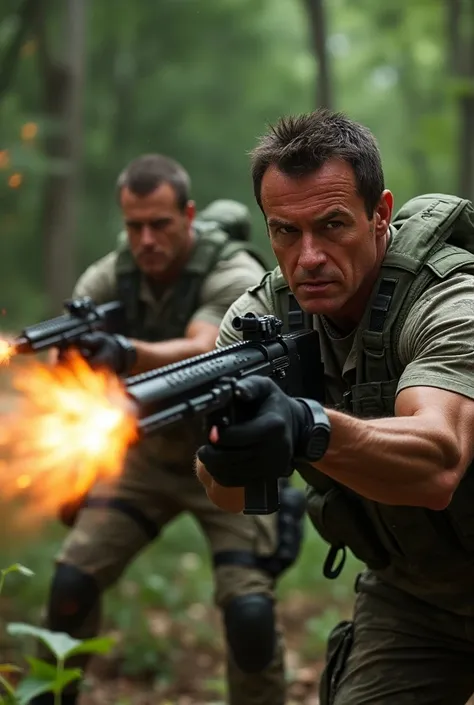  two soldiers such as Stallone and Schwarzenegger wearing military clothing in woodland camouflage with firing machine guns and rocket launchers, Realistic photo style, faces distorted with screaming , You can see enemy soldiers falling to the ground kille...