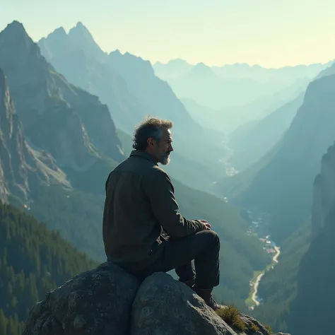  Man sitting on the highest part of the mountain  , Who is watching everyone from the top ,  with a look of having achieved everything and nothing in the world at once ,  while knowing that even if he had everything he wouldnt have felt anything