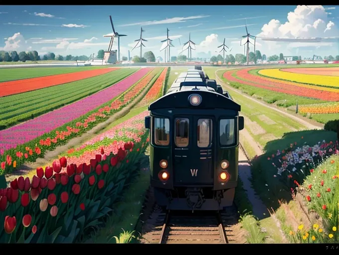 チューリップ畑の中の風車の眺め, colorful, camera view of the netherlands, view of windmills in a tulip field with flowers in the foreground ,