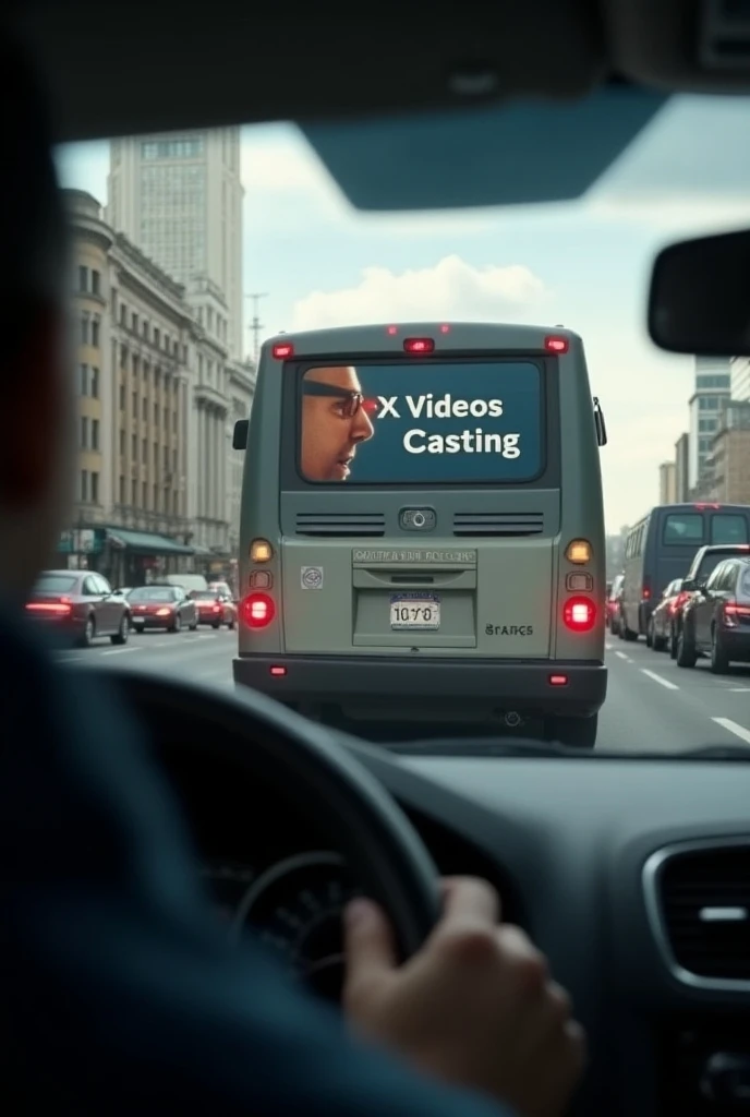 A view from inside a car, showing a person looking through the windshield at a bus directly ahead. The bus has a large sign on the back that reads x videos casting in bold letters. The scene is set in typical city traffic with other cars and buildings in t...