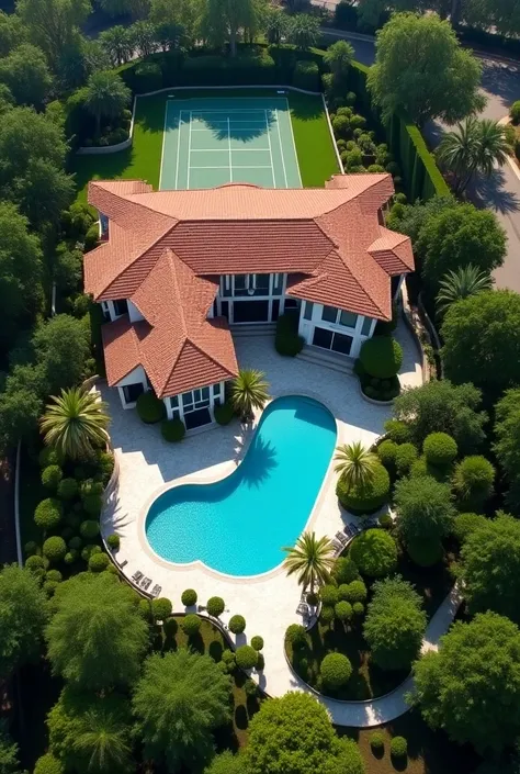 An aerial view of one of michael jordans luxurious homes, showcasing the property’s large pool, tennis court, and lavish landscape.