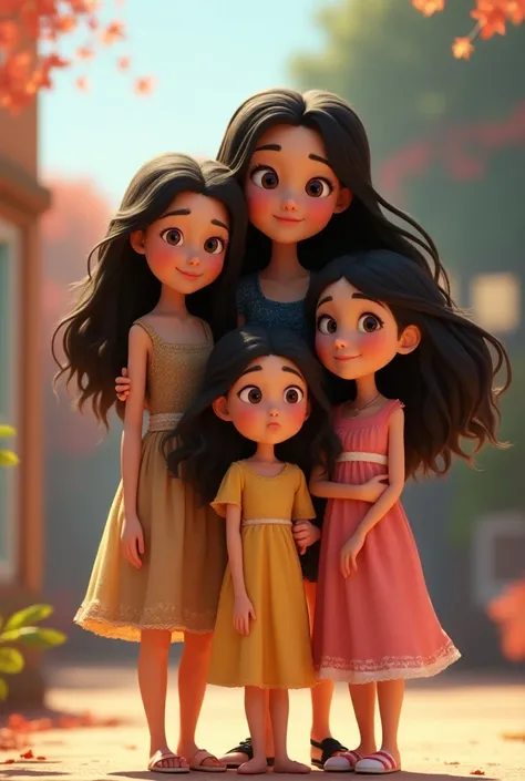 Pixar-like image of three sisters a tall black hair long the medium small movie cute and long the hair and the smaller half brunette and the smaller half brunette and black movie 