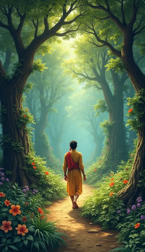 Indian mythology style "Sudama crossing a forest: Sudama walking through a dense forest with birds, animals, and sunlight filtering through trees."