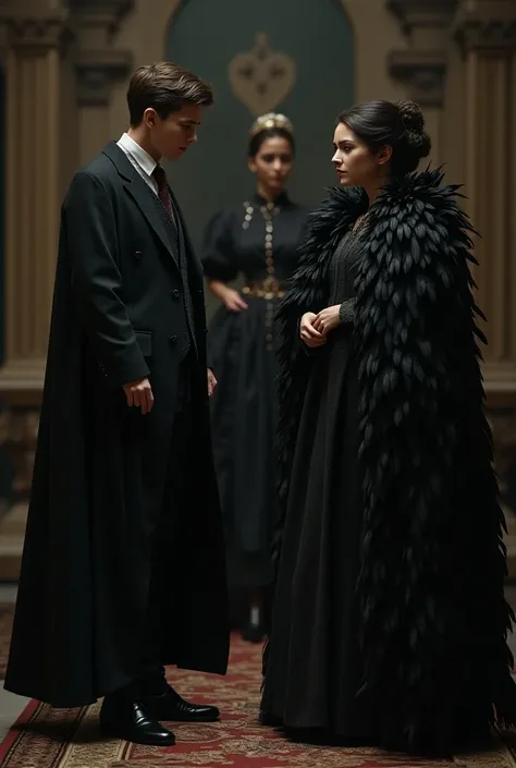 A picture of a young man standing next to a man wearing a raven feather robe standing next to a girl with a voice in a Victorian dress 