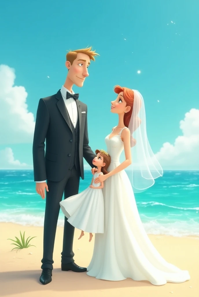 The cartoon character, a marriage of a tall white man wearing a black suit with a white woman wearing a white wedding dress, and her nine-year-old daughter, long hair, wearing a white dress by the sea with a bright sky.