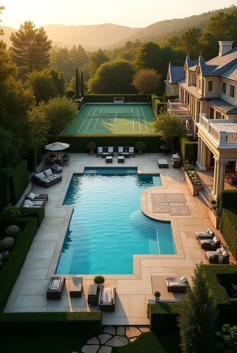 An view of one of michael jordans luxurious homes, showcasing the property’s large pool, tennis court, and lavish landscape.