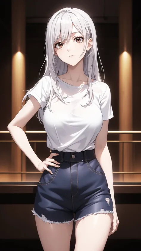 ((((Obra maestra, La mejor calidad, ultrahigh resolution)))), 1girl, happy:1.5, ((standing in a club waiting for someone)), (white t-shirt, jean shorts), (long silver hair, long silver white hair), pale skin, ((brown eyes)), (glowing_eyes), (ultra detailed...