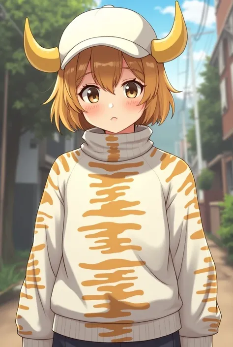 Anime character Jibi, a man wearing a white cap hat, egg-colored hair, wearing a white turtleneck tiger with yellow bull horns.