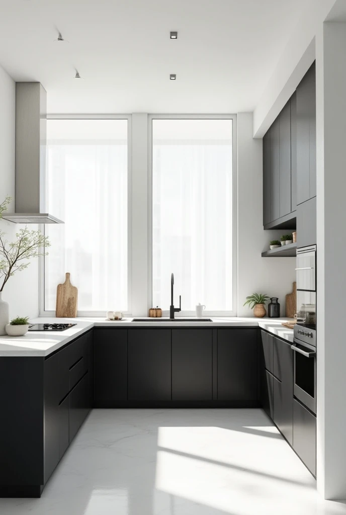 Small white and black kitchen with two large windows
