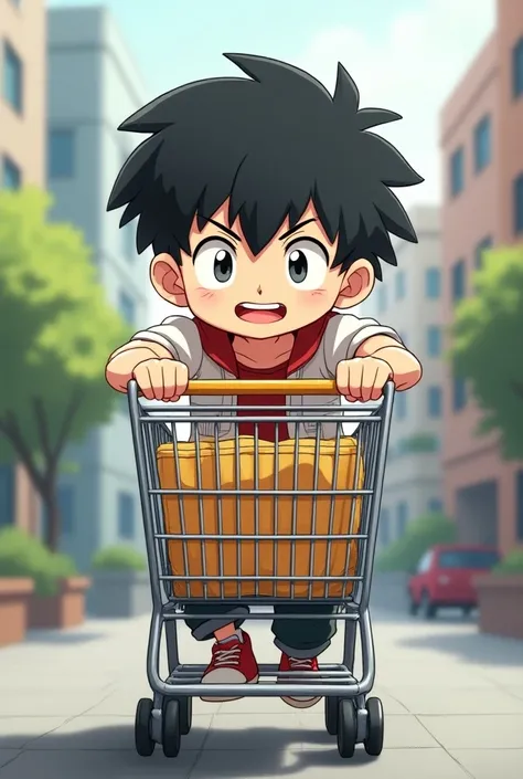 anime boy pushing shopping cart 
hardly
