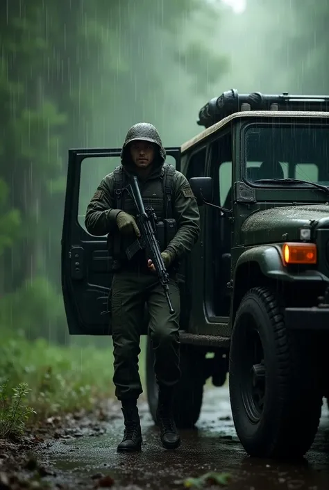 MSD with ak47 coming out from black thar car in the raining season in mid forest 