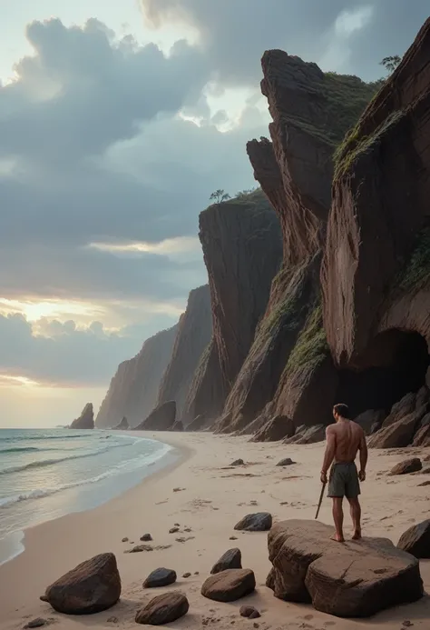 balor, full body, on a deserted rocky beach