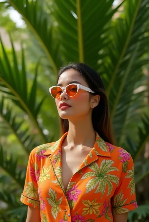 a woman wearing a colorful floral shirt and sunglasses standing in front of a tree, a picture by Miroslava Sviridova, trending on pexels, digital art, rich bright sunny colors, wearing orange sunglasses, high - end fashion photoshoot, orange sunglasses, fa...