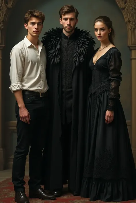 A picture of a young man standing next to a man wearing a raven feather robe standing next to a girl with a voice in a Victorian dress. A young man and a girl
