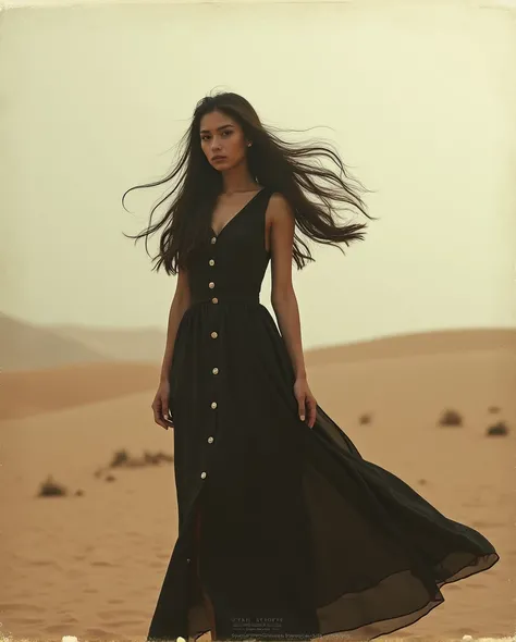 a young indonesian girl age 28, wearing a full-buttoned classic dress, standing in the middle of dry desert, long hair, wind blows her hair, her head full of cloud that covering her eyes and head, (best quality,4k,8k,highres,masterpiece:1.2),ultra-detailed...