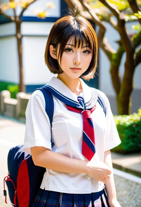 Japanese girl,Young girl,Cute face,Student Uniform,Big Breasts, shortcut hair 