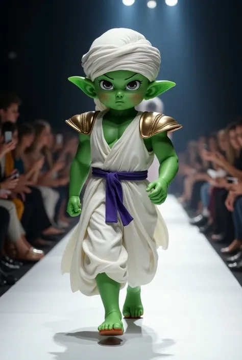 An imposing baby Piccolo strides confidently down the runway of a fashion show. He wears the classic long white robe with shoulder pads and a white turban tied around his head, leaving only his pointy ears and green skin exposed. The baby also wears a simp...