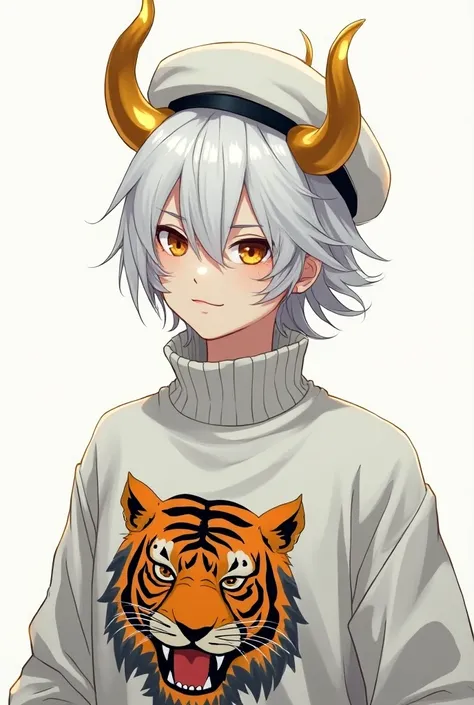 Anime character Jibi, a man wearing a white beret with white hair, wearing a white turtleneck tiger with yellow bull horns.