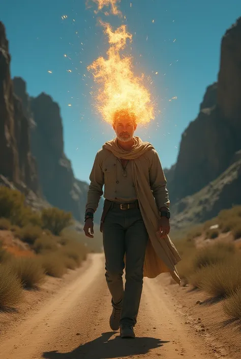 A man walking on a dirt road and light and fire come out of his mouth as he speaks