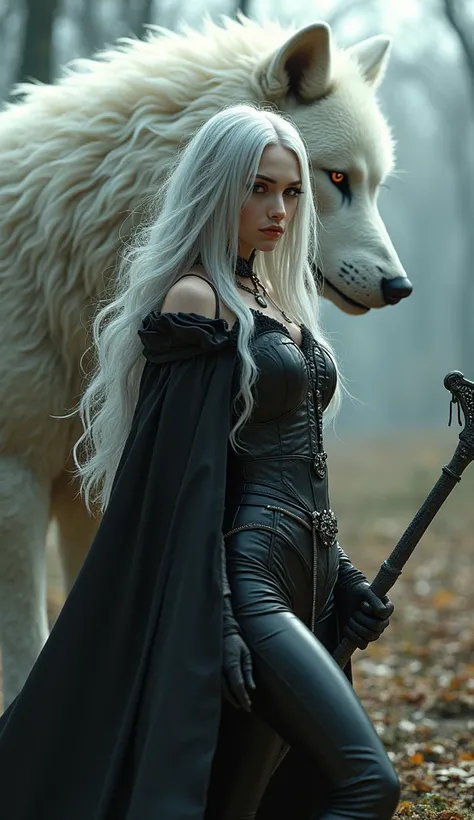 Character: Joan of Arc, very long straight silver haired with colorful locks, pale skin, Hyper-realistic Goji, idol, 1girl, Sexy Gothic clothes，holding a scythe, Hentai girl, rocking sensual pose, lifting butt, smirk, a giant white wolf, daylight, Cinemati...