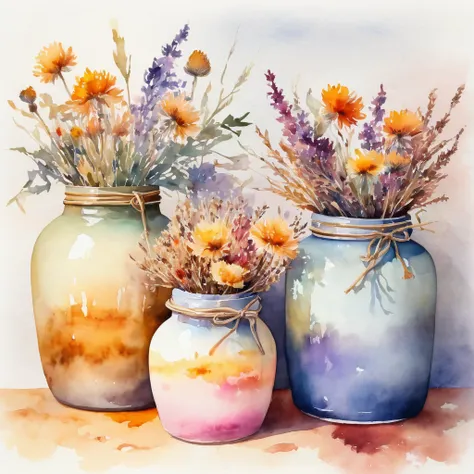 Top quality, dried flowers in ceramic jars, watercolor vignettes, relaxing, calming atmosphere, warm pastel colors, boke, oozing, masterpiece
