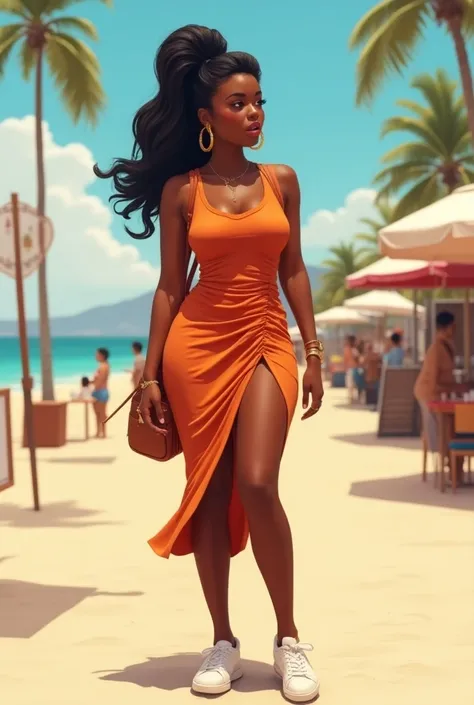 A curvaceous Black woman wearing a sleeveless, figure-hugging midi dress in burnt orange with ruching details and a side slit, paired with sneakers and a small backpack. She’s accessorized with gold hoop earrings and a dainty bracelet. Her hair is styled i...