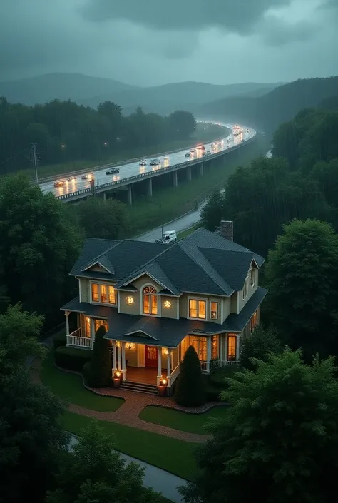 A beautiful home and heavy rain and a highway where many cars are crossing 