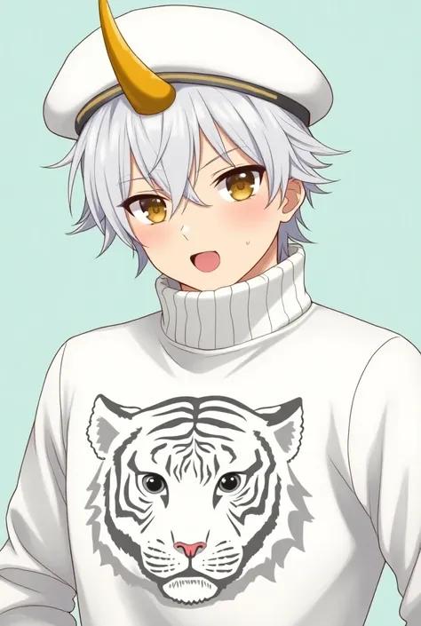 Anime character Jibi, a man wearing a white beret with white hair, wearing a white turtleneck tiger, not striped, with a yellow bull horn.