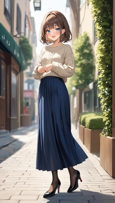 ( tulle flared long skirt), , ((Navy pantyhose)), full body、casual, ((Knitted sweater)), pumps、masterpiece, Best Quality,  very detailed,  beautiful details, Depth, Fine texture, Fine skin, Alone,  very cute girl 、Complex pupil, Deep blue eyes, smile, open...