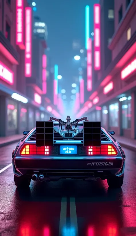 Make a ZOOM IMAGE of the back plate of a DeLorean from the movie and Back to the Future II running on a deserted dystopian avenue and beautiful made with neon pink and blue, 3D image, There are skyscrapers made of pink and blue neon around the street lit b...